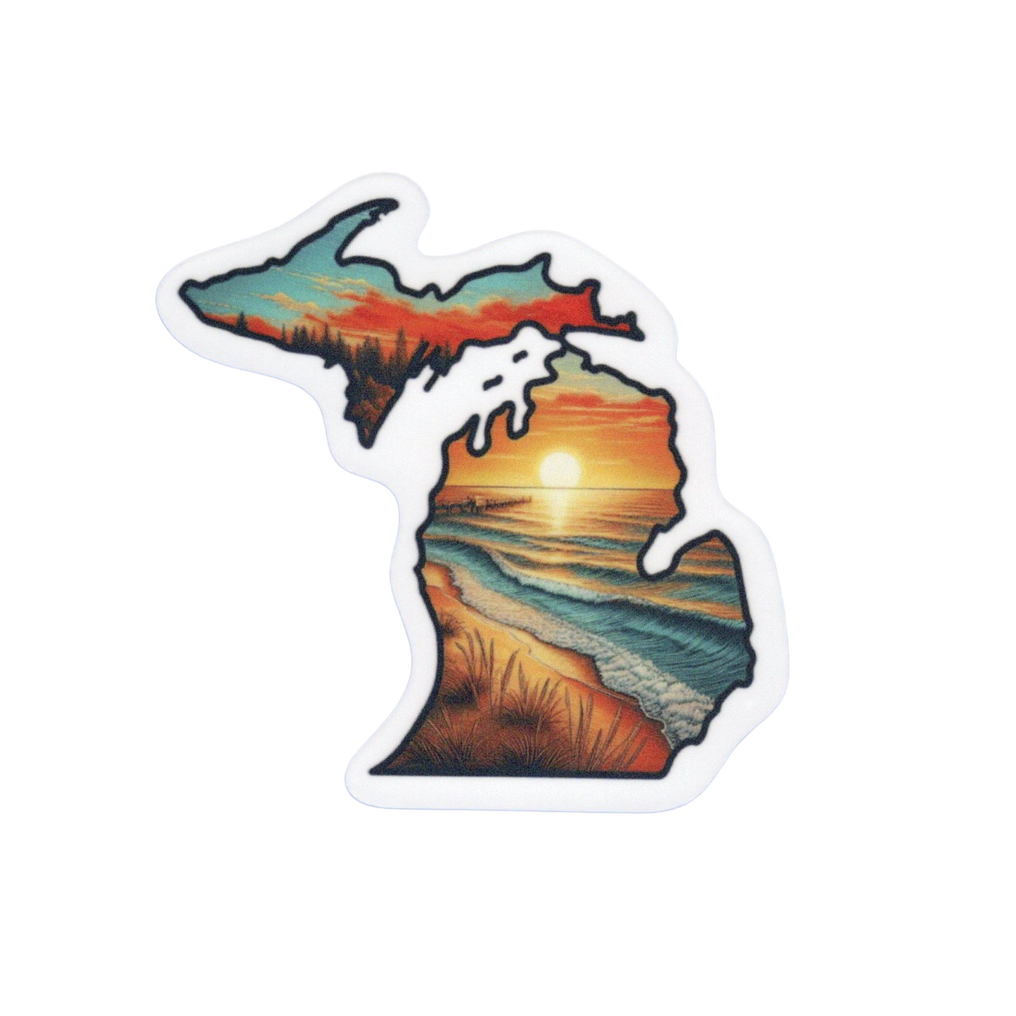 Michigan Sunset Shores Vinyl Sticker – Capture the Beauty of the Great Lakes