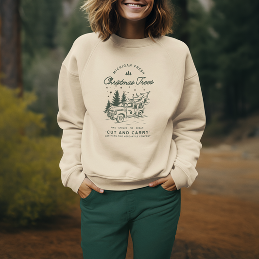 Michigan Fresh Cut Trees - Vintage Green Print - Unisex Premium Sweatshirt