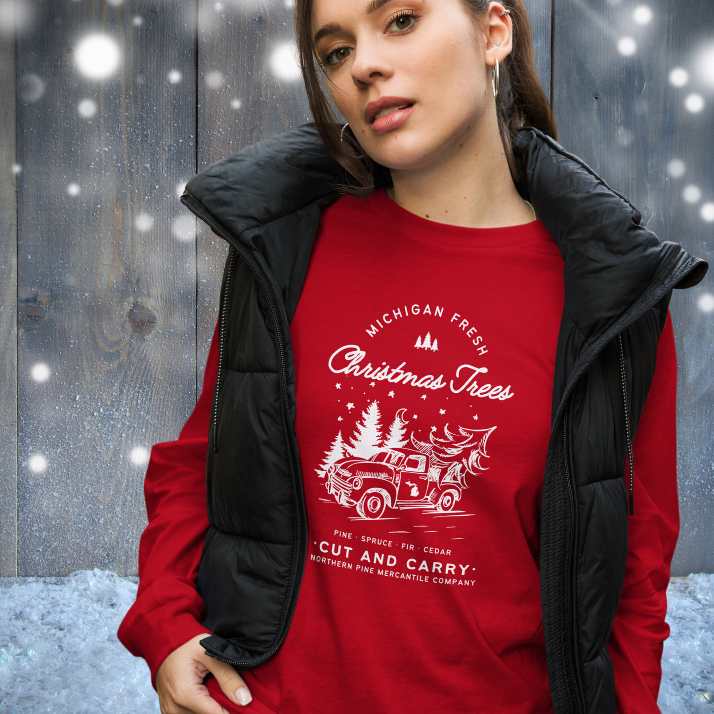 Michigan Fresh Christmas Tree Long Sleeve T-Shirt  - White Print - Unisex