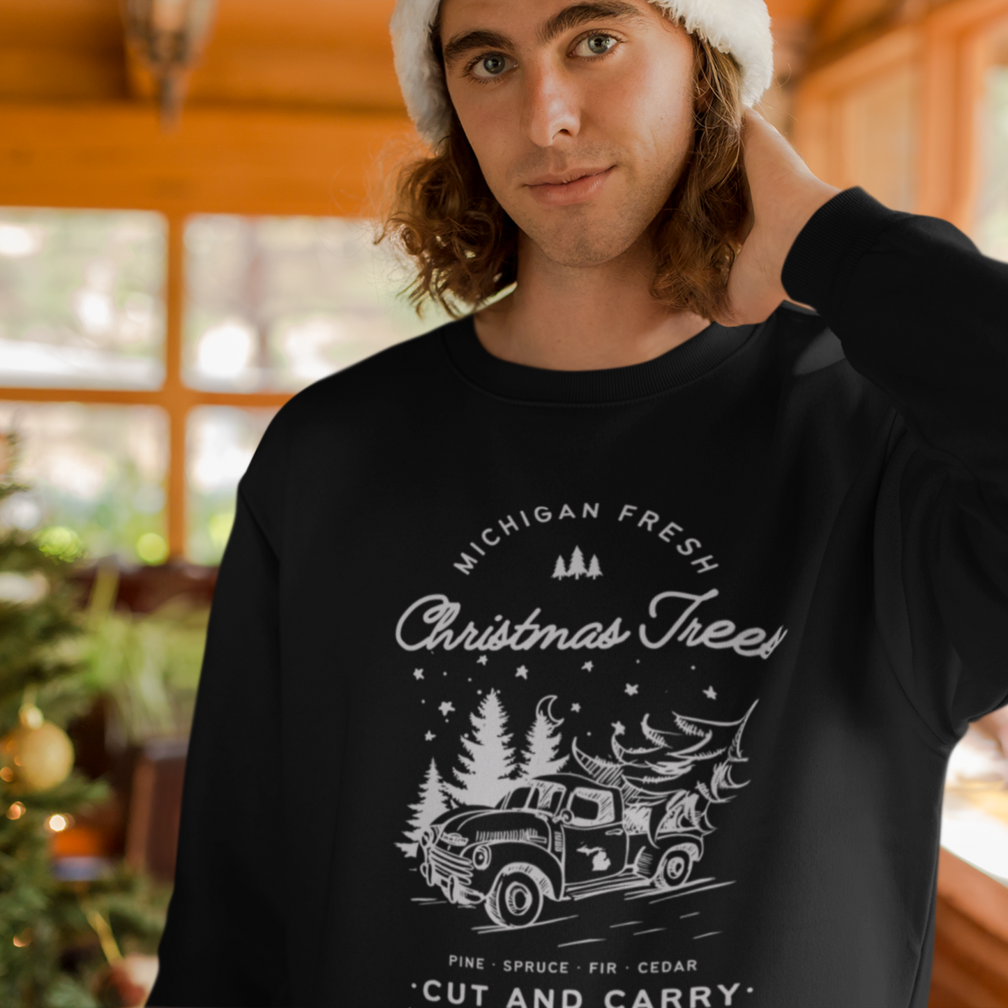 Michigan Fresh Cut Trees - White Print - Unisex Premium Sweatshirt