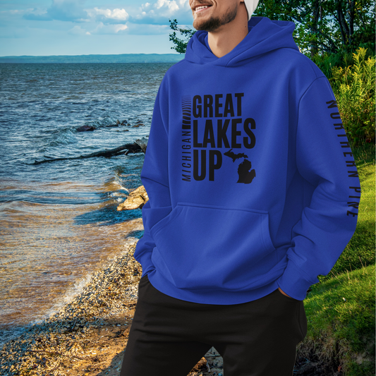 Northern Pine- Michigan Great Lakes, UP Black Print with Sleeve Print - Unisex