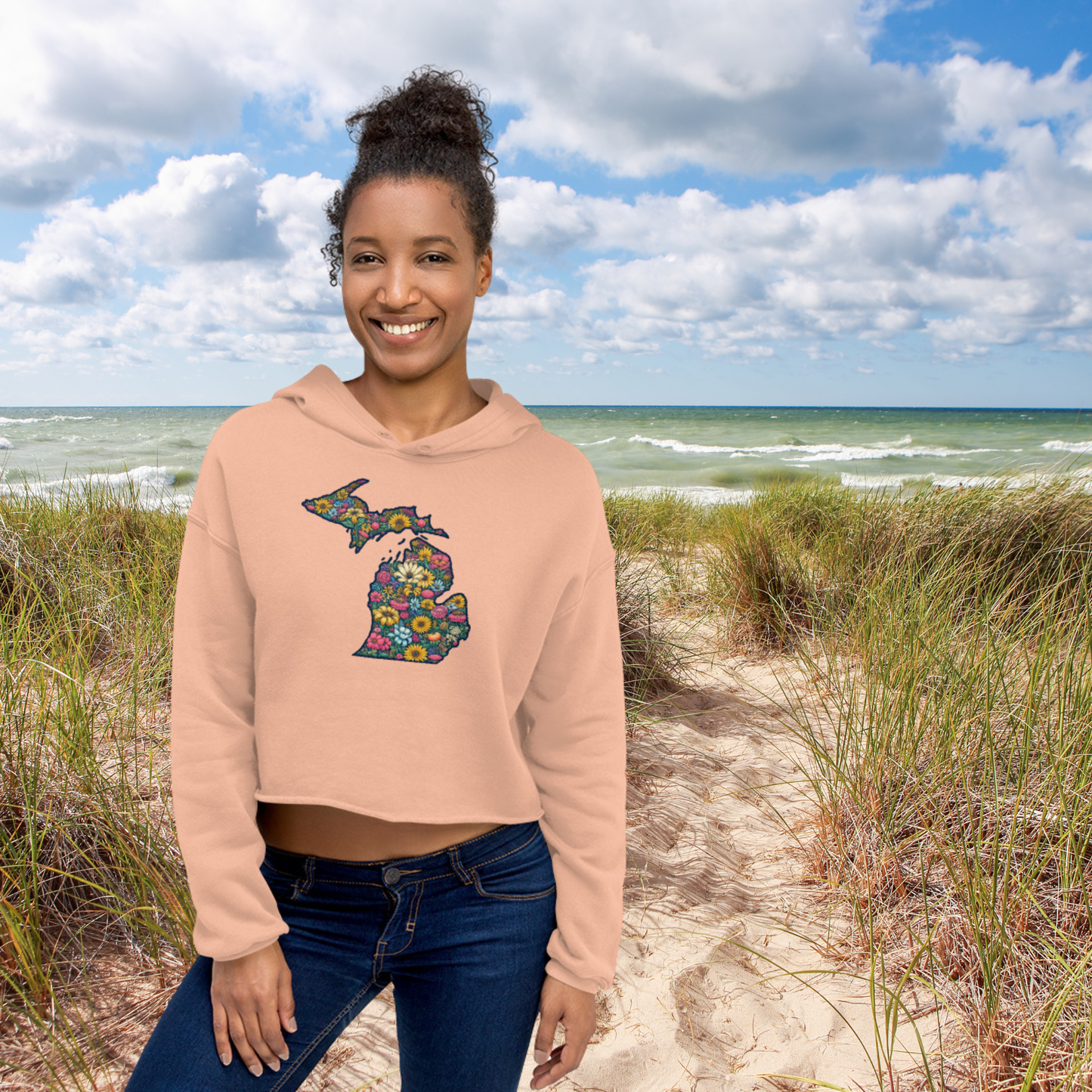 Cropped Fleece Hoodie - Floral State of Michigan