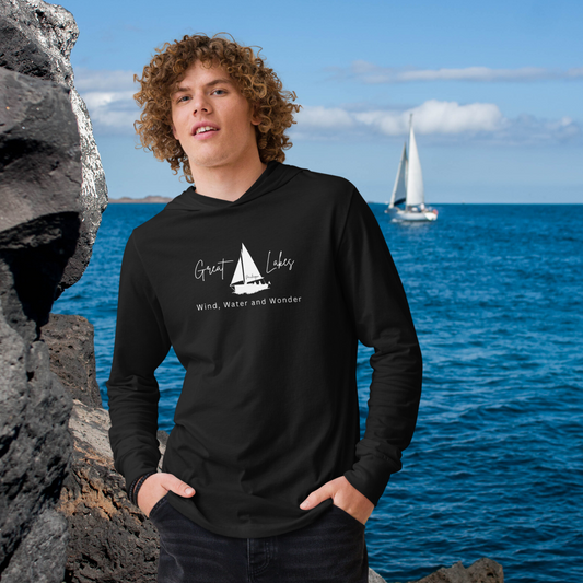 Great Lakes - Wind Water and Wonder! Unisex Hooded Long-Sleeve Tee - Black (Also Available in Blue)