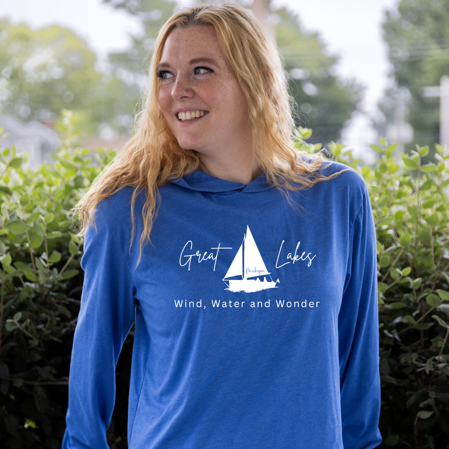 Great Lakes - Wind Water and Wonder! Unisex Hooded Long-Sleeve Tee - Blue (Also Available in Black)