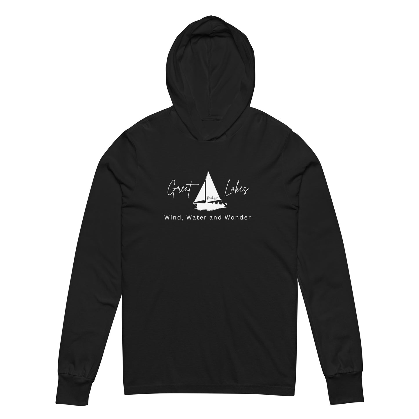 Great Lakes - Wind Water and Wonder! Unisex Hooded Long-Sleeve Tee - Black (Also Available in Blue)