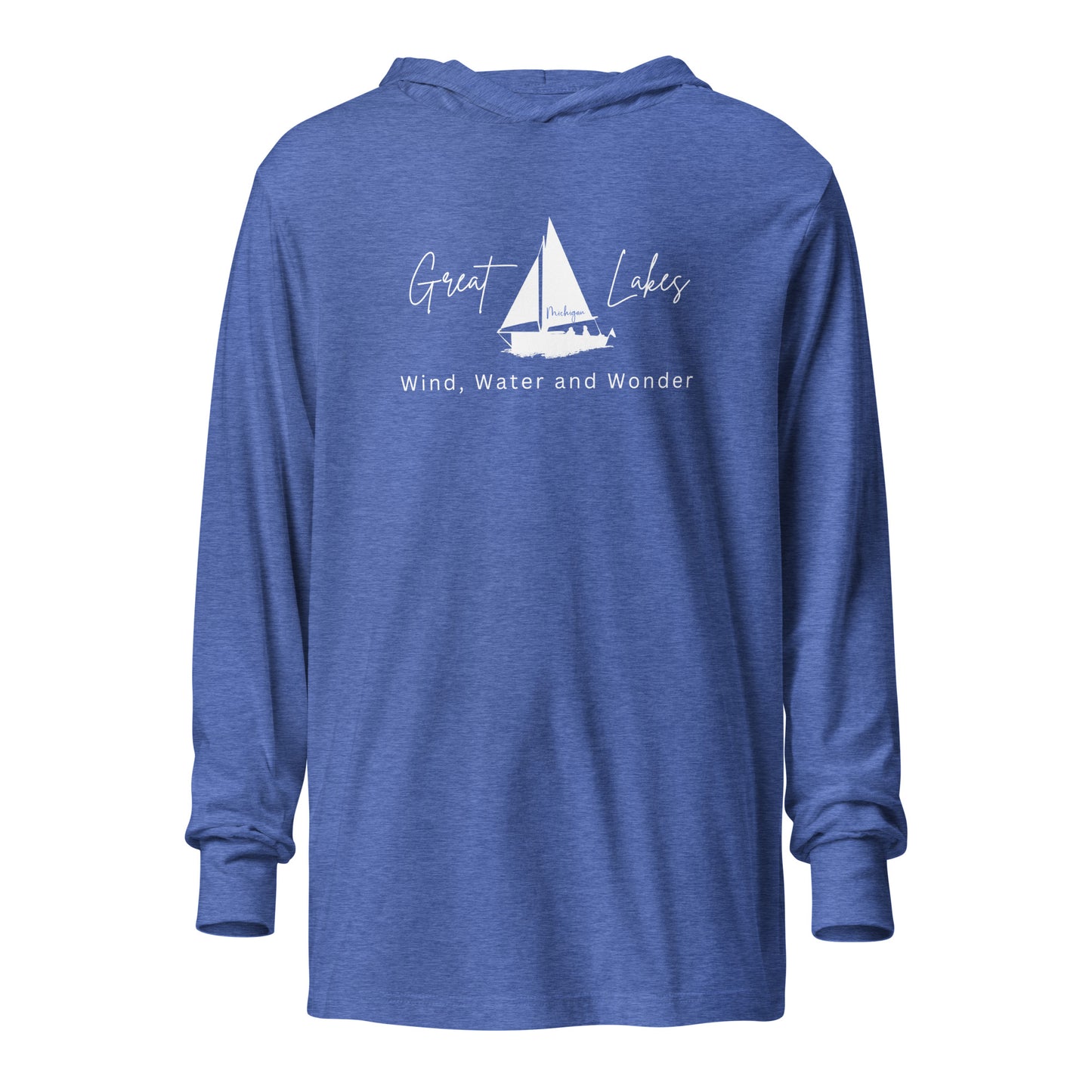 Great Lakes - Wind Water and Wonder! Unisex Hooded Long-Sleeve Tee - Blue (Also Available in Black)